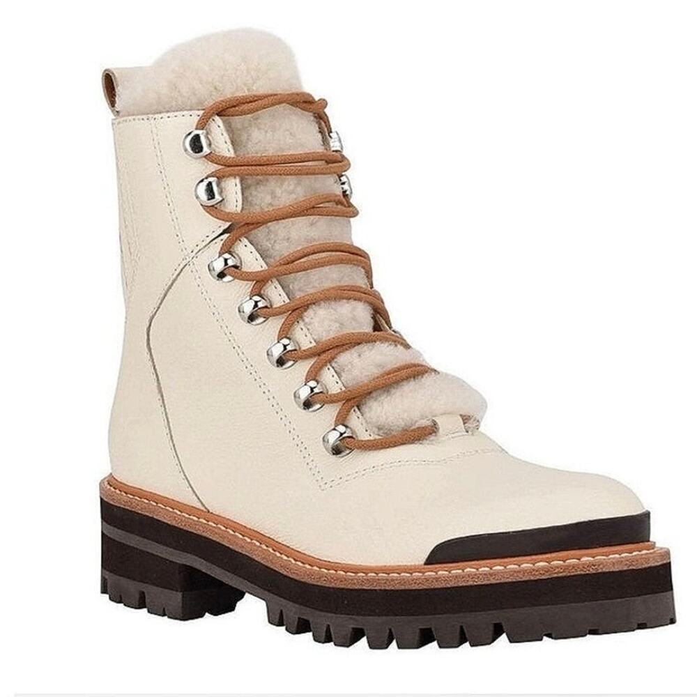 MARC FISHER M Lizzie Ivory Leather Lug Sole Shearling Boots size 9Med